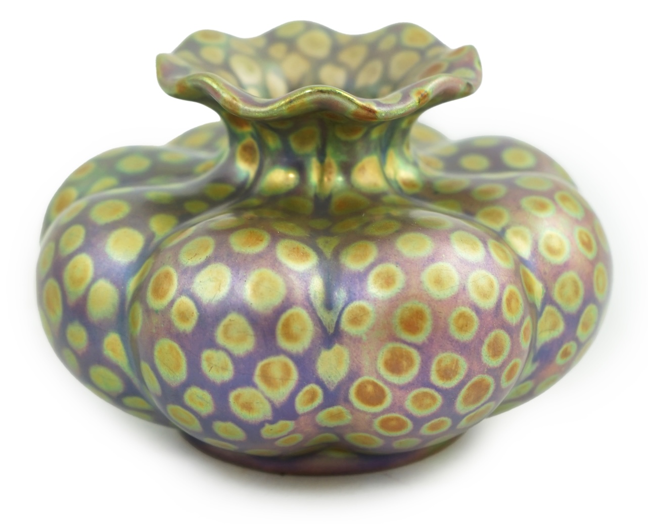 A Zsolnay spotted lustre pumpkin shaped vase, early 20th century